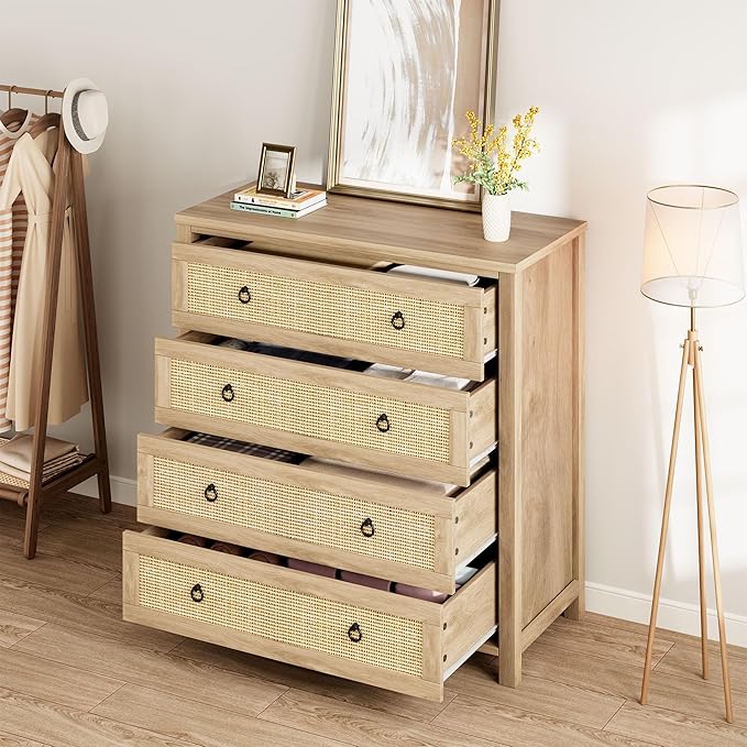 IDEALHOUSE Rattan Dresser for Bedroom, Chest of Dressers 37" Tall Dresser for Closet with 4 Rattan Drawers Chest with Clothes Storage Cabinet, Drawer Organizer for Bedroom, Living Room, Hallway