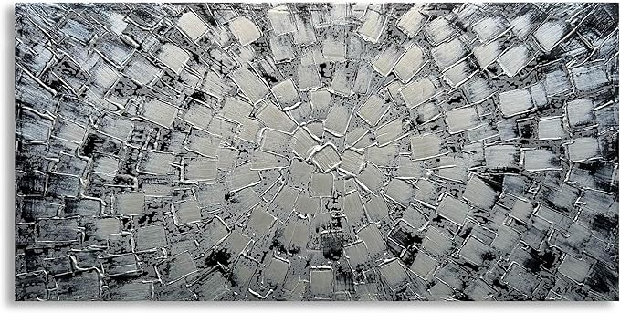 MyArton Textured Abstract Squares Canvas Wall Art Hand Painted Modern Black Silver Oil Painting Picture for Home Decoration Ready to Hang Horizontal or Vertical 40x20inch
