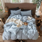 MooMee Wavy Striped Duvet Cover Set 100% Washed Cotton Linen Like Textured Breathable Durable Soft Comfy (Cornflower Blue, Twin 68"x90")