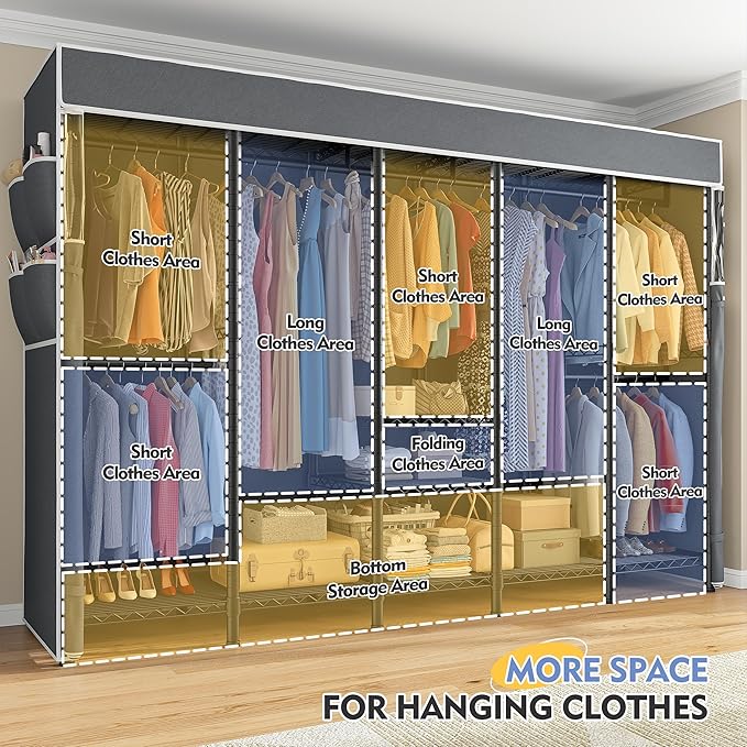 Raybee 90.6" W Clothes Rack with Cover Heavy Duty Clothing Racks for Hanging Clothes Extra Wide Portable Closet Loads 1200LBS Freestanding Garment Rack for Bedroom, Black