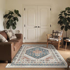 3x5 Washable Area Rug for Entryway, Kitchen Rugs Non Slip for Dining Room, Vintage Floral Soft Living Room Rug, Thin Area Rug Indoor for Bedroom, Kids Room Decor(Blue/Red,3'x5')