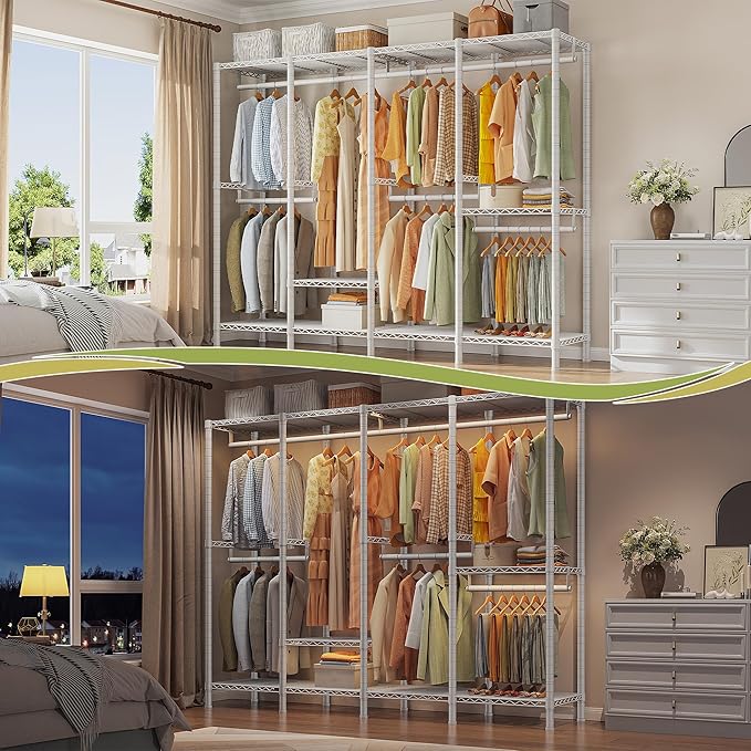 Raybee Clothing Racks for Hanging Clothes,Heavy Duty Clothes Rack with Shelves,Portable Closet Adjustable,76" W x 77" H x 18" D,Max Load 1150lbs,White