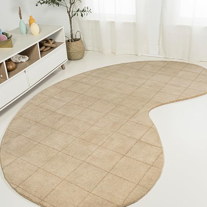 JONATHAN Y Bean Grid Handwoven Wool Beige/Light Brown Shaped Indoor Area Rug, 6x9, Modern, Plaid, Easy-Cleaning for Living Room, Bedroom, Kitchen, Pet Friendly, Non-Shedding (GST104A-6)