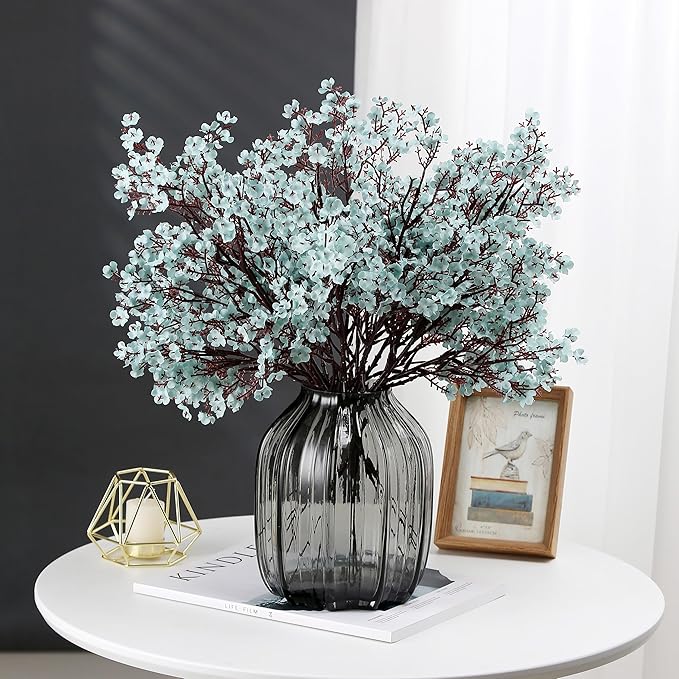 JAKY-Global Babys Breath Fabric Cloth Artificial Flowers 12 Bundle European Fake Silk Plants Decor Wedding Party Decoration Bouquets Real Touch DIY Home Garden (Grey Blue-12pcs)