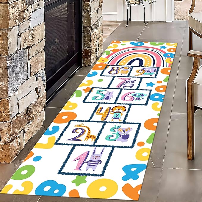 Boho Cartoon Rainbow Living Room Rugs, 3.3x10ft, Number 123 Hopscotch Game Classroom Floor Area Mat, Soft Reduce Noise Rubber Backed Anti-Slip Washable Carpets for Office Entryway
