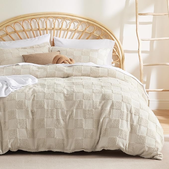 Bedsure Boho Kids Duvet Cover Queen Size（Duvet Insert/Comforter not Included - Checkered Duvet Cover Queenfor All Seasons,Soft Shabby Chic Boho Bedding (Beige, 90" x 90")