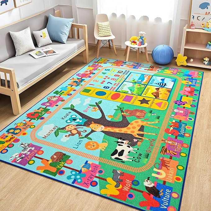 Kids Rug for Playroom, 4x6 ABC Educational Carpet for Classroom, Fun Alphabet Area Rugs for Learn Numbers Season Animal Weather and Shapes Playmat for Girls Boys Room Nursery Decor