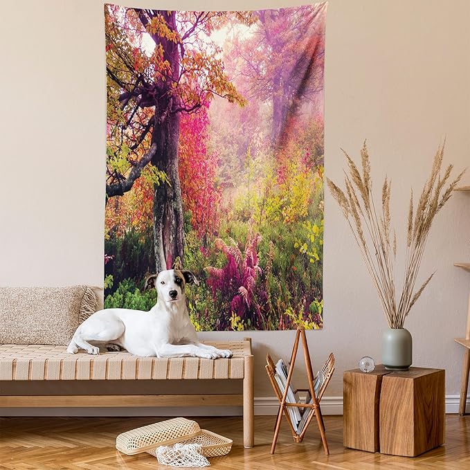 Ambesonne Forest Tapestry, Majestic Landscape Autumn Trees in Woodland Natural Garden in Ukraine, Fabric Wall Hanging Decor for Bedroom Living Room Dorm, 30" X 45", Red Green Brown