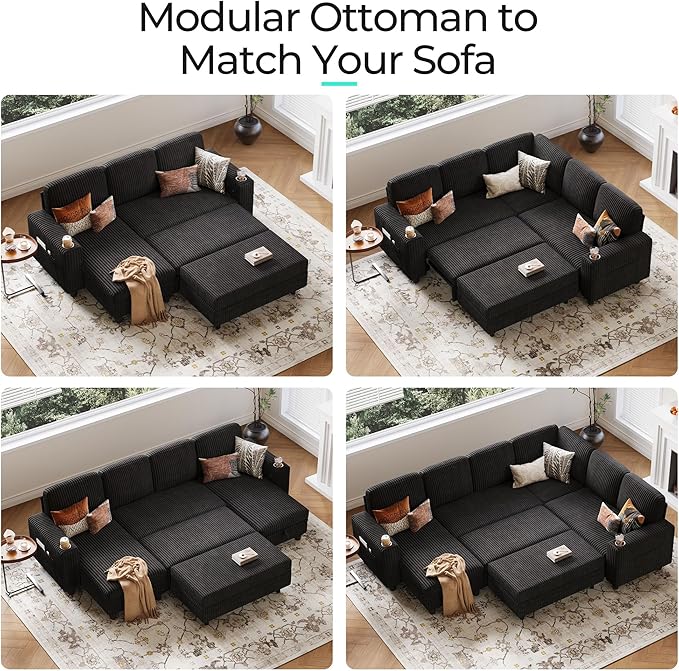 LINSY HOME Sectional Sleeper Sofa Storage Ottoman Bench, Convertible Coffee Table Plush Corduroy Couch Ottoman Footstool for Living Room, Bedroom Entryway and Family Room, Black