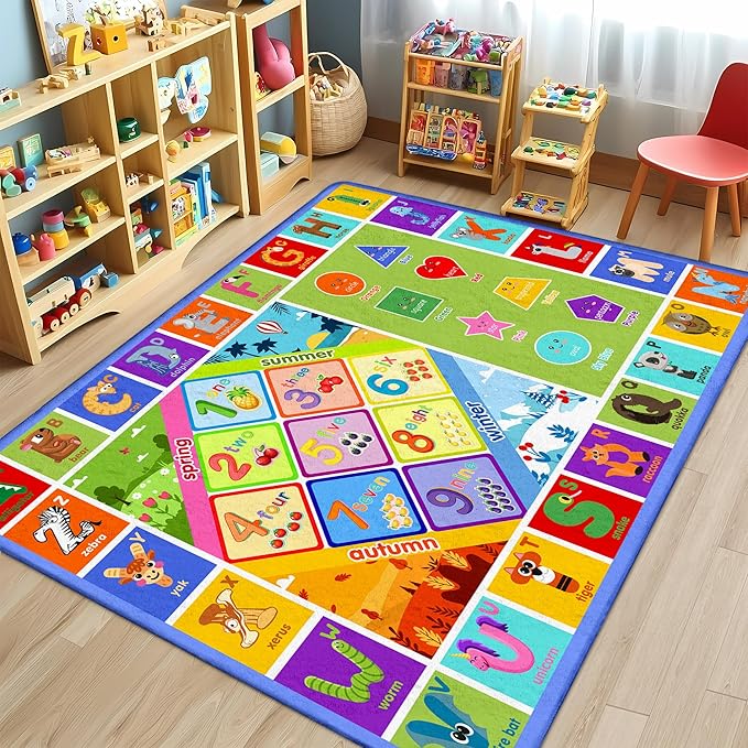 5x7 Kids Rug for Classroom & Playroom - ABC Alphabet Educational Area Rug with Animals Numbers & Shapes - Non-Slip Carpet Playmat for Nursery Preschool Elementary