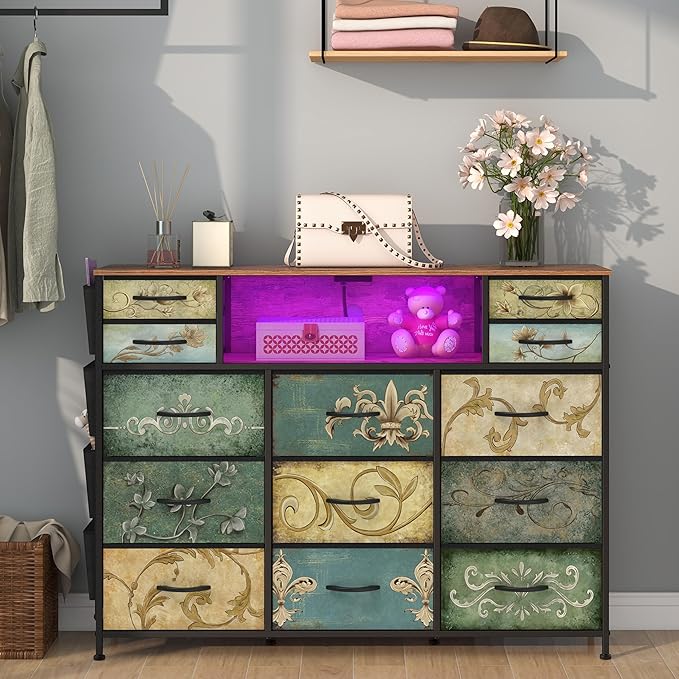 Tohomeor Retro Dresser with Charging Station & LED Light with Boho Fabric Drawers for Bedroom Chest of Drawers TV Stand with Power Outlet Open Shelf Storage (13 Drawers)