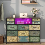 Tohomeor Retro Dresser with Charging Station & LED Light with Boho Fabric Drawers for Bedroom Chest of Drawers TV Stand with Power Outlet Open Shelf Storage (13 Drawers)