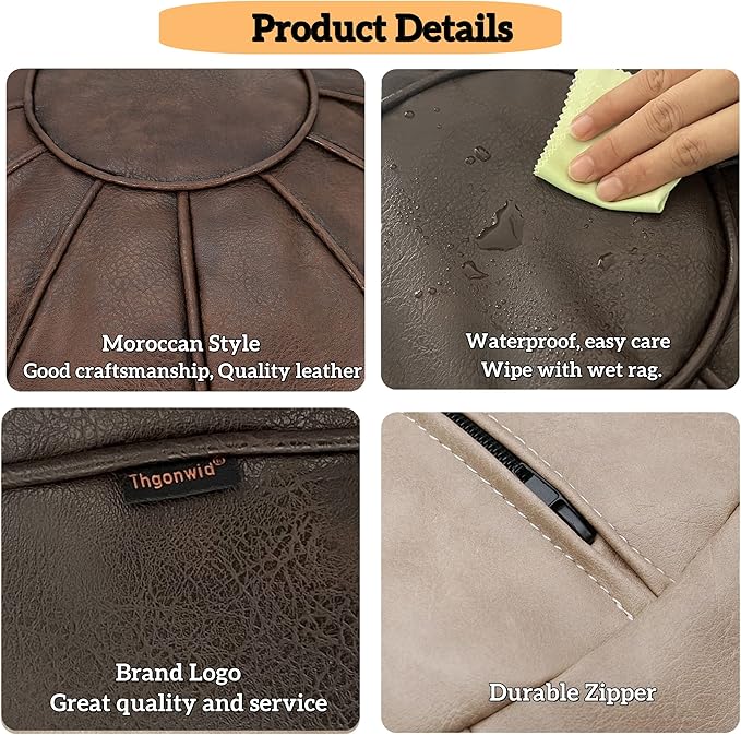 Thgonwid Round Unstuffed Pouf Cover, Leather Foot Stool Ottoman with Storage, Bean Bag Floor Chair, Multi Functional Footrest for Living Room, Bedroom or Balcony (Deep Coffee)