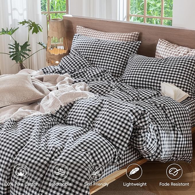 MooMee Gingham Duvet Cover Set 100% Washed Cotton Linen Like Textured Breathable Durable Soft Comfy Modern Checkered Design (Black White Gingham, King 104"x90")