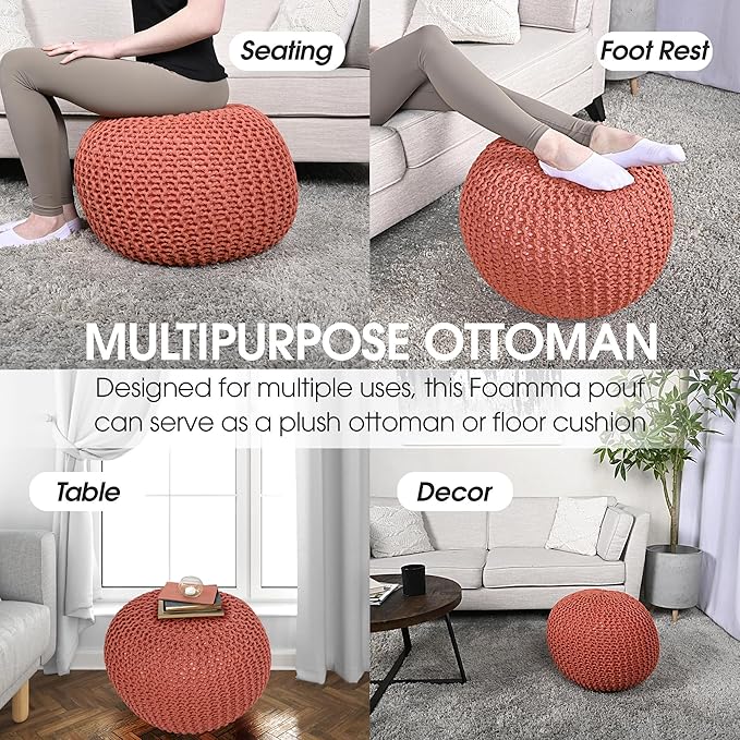 Nahunta Knitted Round Pouf - Cotton - Coral