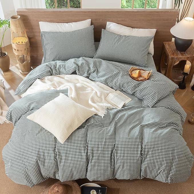 MooMee Gingham Duvet Cover Set 100% Washed Cotton Linen Like Textured Breathable Durable Soft Comfy Modern Checkered Design (Mini Gingham Forest Green, King 104"x90")