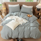 MooMee Gingham Duvet Cover Set 100% Washed Cotton Linen Like Textured Breathable Durable Soft Comfy Modern Checkered Design (Mini Gingham Forest Green, Oversized Full 82"x86")