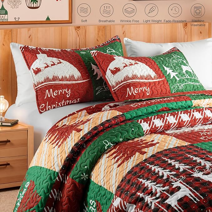 Whale Flotilla Patchwork Quilts Queen Size, Soft Boho Christmas Bedspreads for Bed Reversible Lightweight Full Queen Quilt Bedding Set Coverlets with 2 Pillow Shams for All Seasons, Happy Christmas