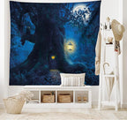 Ambesonne Forest Tapestry, Night with Home in Trunk of Enchanted Tree, Wide Wall Hanging for Bedroom Living Room Dorm, 60" X 40", Dark Night Blue Mustard