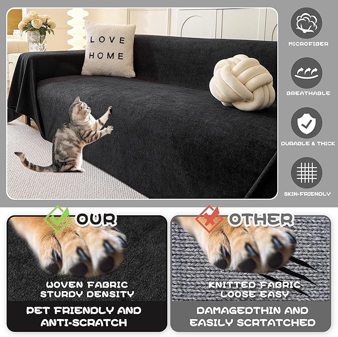 MYSKY HOME Black Couch Covers for Sectional Sofa Love Seat Couch Cover, Couch Covers for Dogs Washable Couch Cover Blanket, Non Slip Sofa Slipcovers, Super Soft Sofa Towel for Kids, Pets, 71" x 118"