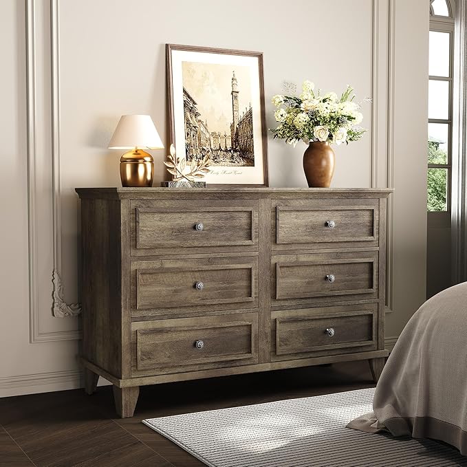 GarveeHome Farmhouse Grey Dresser for Bedroom with 6 Drawer, Double Dresser TV Stand with Vintage Handle, Wide Wood Dressers & Chests of Drawers, 6 Drawer Dressers for Bedroom, Living Room, Hallway