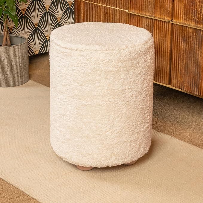 Bloomingville Round Sherpa Upholstered Pouf with Pine Wood Feet, Cream and Natural