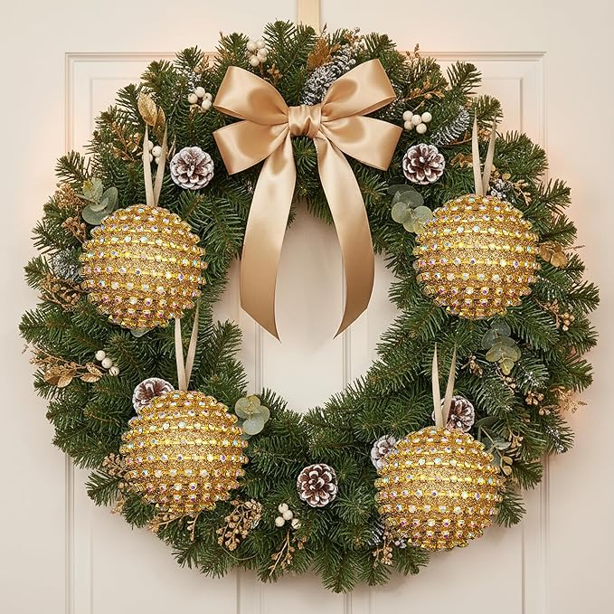 Iridescent Crystal Rhinestone Ball Ornaments, 4 Pack Handcrafted Sparkling Christmas Tree Decorations, Hanging Ornaments for Holiday & Home Décor in Luxury Gift Box