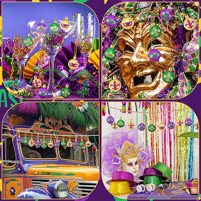JULMELON 24Pcs Mardi Gras Hanging Ball Ornaments Mardi Gras Glitter Hanging Ball Decorations Sequin Purple Green Gold Tree Ornament for Mardi Gras Home New Orleans Masquerade Party Decor