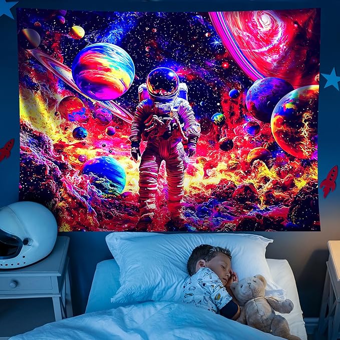NYZE Astronaut Space Tapestry for Bedroom, BlackLight Tapestry Room Decor Wall Tapestries, Cool Galaxy Planet Wall Hanging, Wall Hanging for Men Guys Gamer Room Dorm Living Room 59in×51in