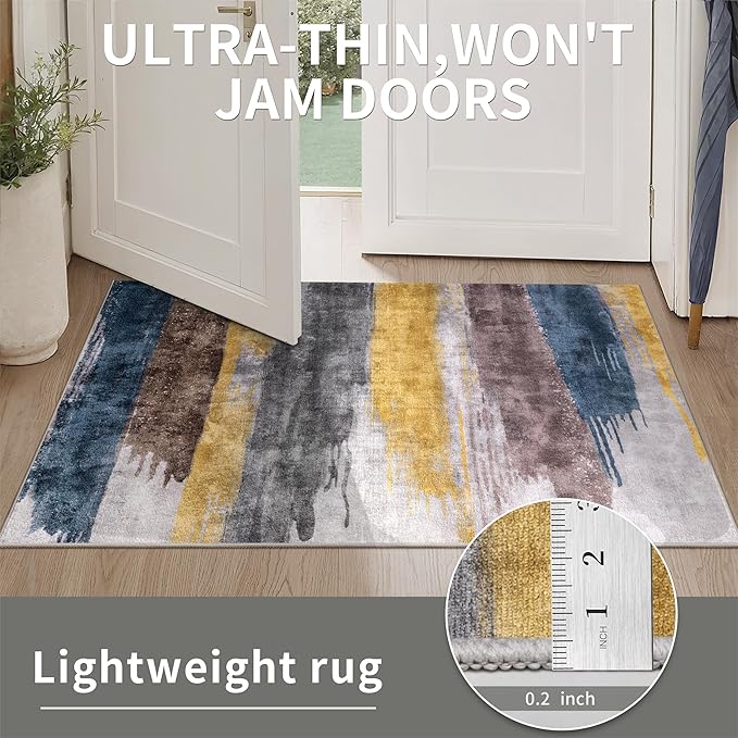 Ciicool 8ft Round Washable Rug, Modern Abstract Circle Rugs, Non-Slip Thin Lightweight Rug Yellow Grey Circular Print Distressed Carpet for Bedroom Living Room Under Dining Table Home Office Decor