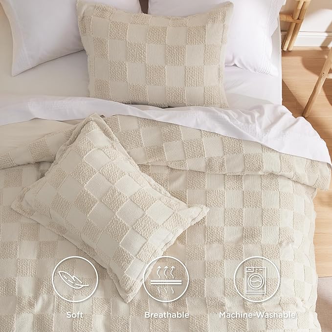 Bedsure Boho Kids Duvet Cover King Size（Duvet Insert/Comforter not Included - Checkered King Duvet Cover for All Seasons, Soft Shabby Chic Boho Bedding (Beige, 104" x 90")
