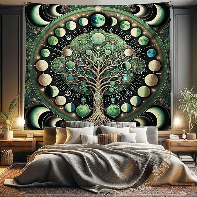 Ambesonne Green Tapestry King Size, Moon Phases Around a Tree of Life Enhance Night Boho Astrology Design Print, Wall Hanging Bedspread Bed Cover Wall Decor, 104" X 88", Black Ecru and Blue