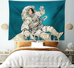 Ambesonne Outer Space Tapestry, Woman Astronaut Hands with Her Better Half Pop Art Style Comic Graphic, Fabric Wall Hanging Decor for Bedroom Living Room Dorm, 28" X 23", Beige Blue