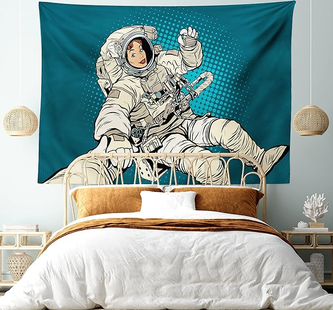 Ambesonne Outer Space Tapestry, Woman Astronaut Hands with Her Better Half Pop Art Style Comic Graphic, Fabric Wall Hanging Decor for Bedroom Living Room Dorm, 28" X 23", Beige Blue