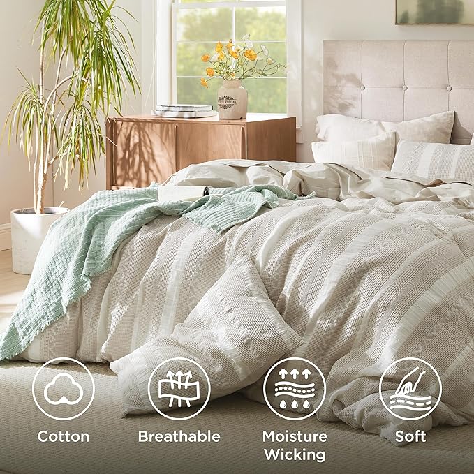 Bedsure Waffle Weave Duvet Cover Queen - 100% Cotton Boho Duvet Cover with 2 Pillowcases - Linen Color Textured Comforter Cover with Zipper Closure (Queen, 90"x90")