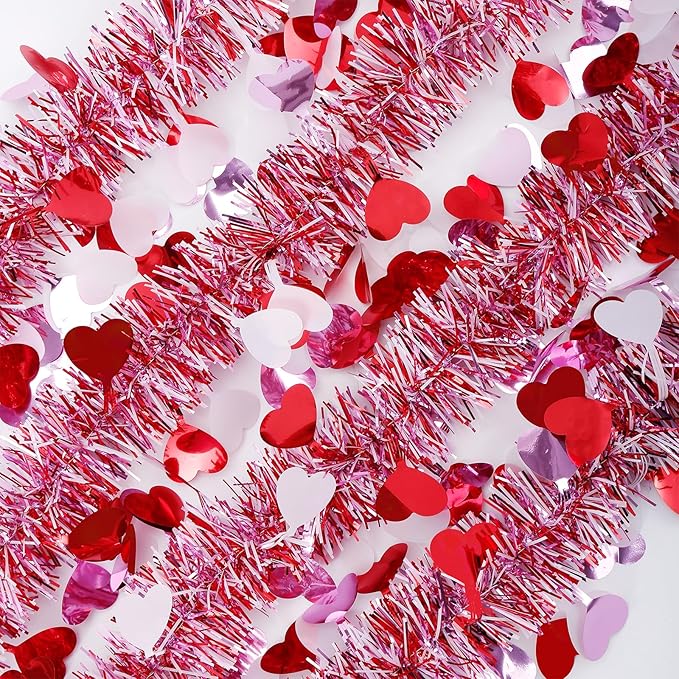 Valentines Garland Decor,50Ft Glitter Tinsel Heart Garland Decorations for Tree Mantle Bedroom Office Classroom Party Indoor Outdoor Holiday Home Pink Red White