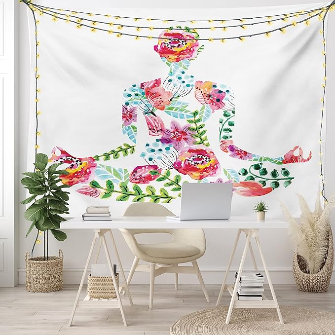 Ambesonne Yoga Tapestry, Silhouette in Lotus Pose with Blooming Watercolor Flowers Green Leaves Body and Mind, Fabric Wall Hanging Decor for Bedroom Living Room Dorm, 45" X 30", Blue Pink
