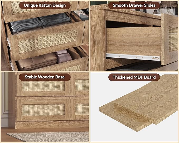 47 Inch Rattan 8 Drawer Dresser, Modern Farmhouse Chest of Drawers, Tv Stand Dresser Accent Furniture for Living Room, Bedroom, Entryway