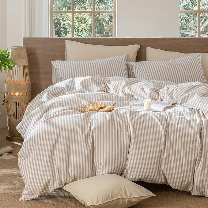 MooMee Striped Duvet Cover Set 100% Washed Cotton Linen Like Textured Breathable Durable Soft Comfy (Tannish Linen Grey White Classic Stripes, Super King 108"x98")