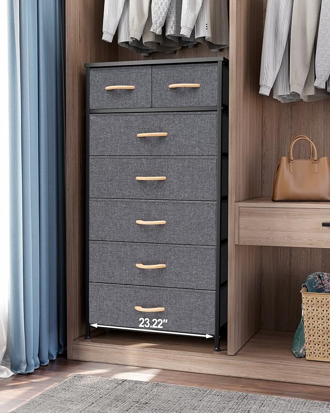 Crestlive Products Vertical Dresser Storage Tower - Sturdy Steel Frame, Wood Top, Easy Pull Fabric Bins, Wood Handles - Organizer Unit for Bedroom, Hallway, Entryway, Closets - 7 Drawers (Grey)