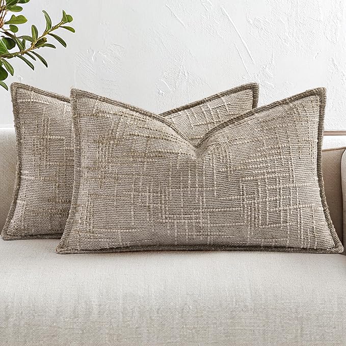 decorUhome Chenille Throw Pillow Covers 12x20 Set of 2, Thick Textured Slubby Neutral Decorative Pillow Covers with Elegant Design for Couch, Sofa, Living Room, Oatmeal
