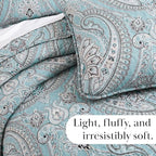 Southshore Fine Living, Inc. Oversized Quilt, King Size Bedding Set, Paisley Lightweight Bedspread Cal/King Quilt Coverlet & 2 Matching Quilted Pillow Shams, Pure Melody Aqua
