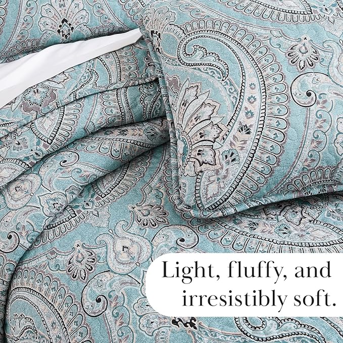 Southshore Fine Living, Inc. Oversized Quilt, King Size Bedding Set, Paisley Lightweight Bedspread Cal/King Quilt Coverlet & 2 Matching Quilted Pillow Shams, Pure Melody Aqua