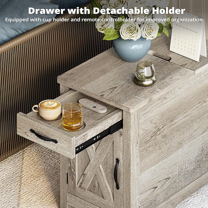 IRONCK End Table with Charging Station, Narrow Side Table for Living Room, Farmhouse Night Stand for Bedroom, Bedside Table with Storage and Drawer for Home, Beige Maple