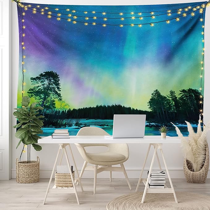 Ambesonne Aurora Borealis Tapestry, Sky over Lake Surrounded Forest Woods Hemisphere Print, Fabric Wall Hanging Decor for Bedroom Living Room Dorm, 28" X 23", Violet Blue Lime Green
