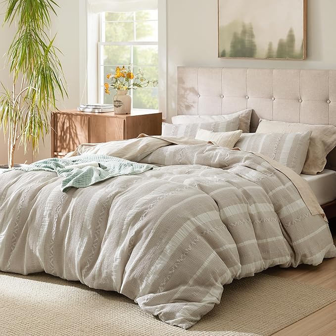 Bedsure Waffle Weave Duvet Cover King - 100% Cotton Boho Duvet Cover with 2 Pillowcases - Linen Color Textured Comforter Cover with Zipper Closure (King, 104"x90")
