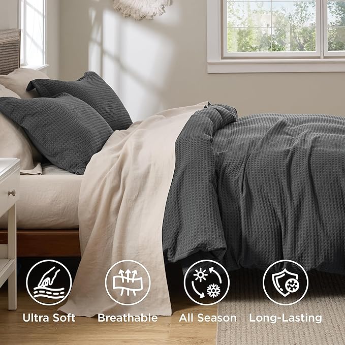 Bedsure Luxury Waffle Duvet Cover Queen Size - Textured Duvet Cover Set, Soft, Breathable Bedding Set (90"x90") with 2 Pillow Shams for All Season, Charcoal, Comforter Not Included