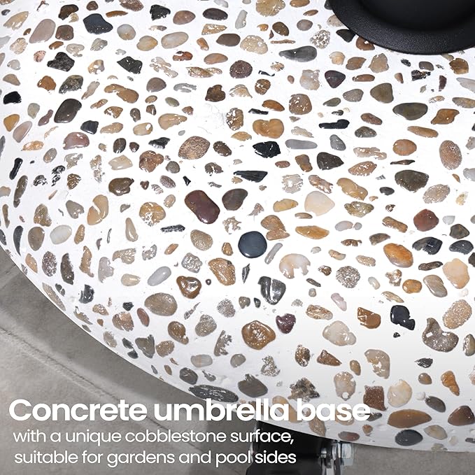 45lbs Patio Umbrella Base with 4 Wheels, Round Cobblestone Concrete Stand, Heavy Duty Market Umbrella Stand for Outdoor