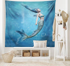 Ambesonne Underwater Tapestry King Size, Mermaid Fishtail Floating Bubbles Mythical Creature Ocean Life Art Print, Wall Hanging Bedspread Bed Cover Wall Decor, 104" X 88", Blue Gray