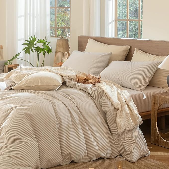 MooMee Striped Duvet Cover Set 100% Washed Cotton Linen Like Textured Breathable Durable Soft Comfy (Tannish Linen Grey White Pinstripes, Queen 90"x90")